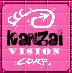 Pixelated pink square icon with 'kanzai VISION CORP.' text and white arrow logo, featuring a stylized hand gesture above the text.