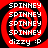 Red and black spiral pattern with repeated white text "SPINNEY" in a , bottom reads "dizzy :P"