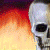 A pixelated skull with hollow eye sockets appears against a fiery orange-red gradient background, with the word 'hate' displayed below it in varying colors and styles.