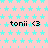 A static image shows repeated text "tonii <3" on a pink background with cyan stars, with a gray rectangle in the bottom-right corner.