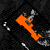 A black and orange pixelated animation featuring multiple orange arrow shapes rotating within a of dark rectangular