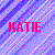 Pixelated image with pink text 'KATIE' over a blue-purple gradient background of small square pixels.