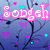 Pixelated text 'bodge' appears in pink and cyan on a blue background with heart and star shapes.