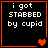 Four black square with orange borders display the text "i got STABBED by cupid" in white pixelated font, each containing a different heart symbol animation