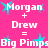 Pixelated text on bright pink background with cyan starbursts, displaying 'Morgan + Drew = Big Pimps' repeated twice in white block letters.
