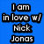 Blue background with black text reading "I am in love w/ Nick Jonas" above four pixelated images of a person with curly brown hair.