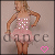 A pixelated figure in a pink dress with white and pink dots on the torso, standing against a light background with 'dance' text below.
