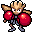 Pixelated character with light brown hair and large red spherical objects held in both hands, standing against white background.
