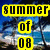Pixelated beach scene with palm trees and ocean, overlaid by yellow text reading 'summer of 08' in bold black letters.