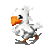 A 4-frame pixel art animation of a white bird-like creature with an orange beak running in place, displayed as a contact sheet on gray background.