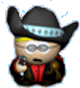 Pixelated cartoon character wearing black cowboy hat with light blue band, red shirt, dark jacket, holding small object in right hand.
