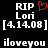 Pixelated text displays 'RIP Lori' with a red heart symbol, date '[4.14.08]', and 'iloveyou' on black background.