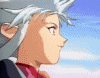 Anime character with silver hair and animal ears in profile view, wearing red and dark clothing against a blue sky background.