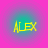 Four identical circular icons with pink outer rings and teal inner gradients display the text ALEX in yellow pixelated letters.