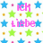 Pixelated image with pink text reading "Ich bin und liebe Tom" surrounded by blue, green, and orange stars on a white background.