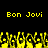 Yellow pixelated text 'Bon Jovi' repeated twice above a of yellow pixelated hands with black backgrounds
