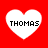 Four white heart shapes on a red background, each containing the text "THOMAS" in black pixelated font.