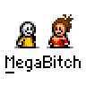Animated contact sheet of 15 pixel art frames showing two cartoon characters interacting with flowers and speech bubbles, labeled "MegaBitch" beneath each frame.