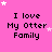 Pink background with repeated text "I love My Otter Family" in black pixelated font, scattered white and pink stars.