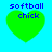 Four green heart-shaped icons with blue text reading "softball chick" on a cyan background, arranged in two of two