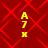 Red background with red diamond pattern; four identical yellow vertical text stacks reading A, 7, X in pixelated font