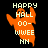 Pixelated orange ghost with raised arms and text 'HAPPY HALL OO-WWEE HM' on black background, transitioning to brown version.