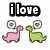 Pixelated image with text "ilove" above two dinosaurs and "so much!" below colorful shapes.
