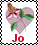 Pixelated heart-shaped icon with pinkish-purple fruit, green leaves, brown stem, and red text 'Jo' below, bordered by black-and-white checkered frame with yellow corners.