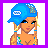 Pixel art buddy icon featuring a female character with blue cap and swimsuit on left, next to cyan background with "Softball Sweet" text on right.