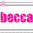 Pixelated pink text 'beccabecca' appears twice in a vertical layout with decorative dotted lines and star motifs on white background.