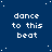 Blue background with white pixelated text "dance to this beat" repeated in a pattern, scattered white dots resembling stars