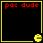Four identical black square with yellow borders, each containing red text 'poc dude' and a yellow Pac-Man icon at the bottom right