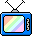 Six blue retro TVs with antenna and volume knob display diagonal rainbow stripes on gray background.