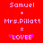 Red background with pixelated text and symbols arranged in a formula-like structure, showing 'Samuel + Mrs. Pillatt = *LOVEE' with pink stars.