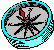 Four circular pixelated icons with cyan borders and gray backgrounds, each containing a black starburst shape with a red arrow pointing to different directions.