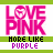 Pixelated 'LOVE PINK' text in bright pink with a heart symbol replacing the O, above green bars containing 'MORE LIKE PURPLE' text.