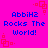 Bright pink background with blue pixelated text reading "AbbiH2 Rocks The World!" and red square corner decorations in a