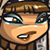 Pixelated close-up of a character's face with brown hair, light skin, and blue eyeshadow, mouth slightly open showing teeth.