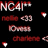 Pixelated red and white text elements on black background with scattered small shapes, including 'NCA', 'O', 'ch', and partial letter fragments.