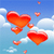 Pixelated red hearts float against a blue sky with white clouds, some hearts appear larger and closer while others are smaller and distant.