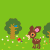 Animated pixel art of a brown deer with pink ears and white spots in a green field, interacting with trees and red mushrooms.