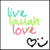 Pixelated icon with three stacked words in teal, green, and pink, plus a black heart and smiley face on white background.