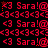 Red pixelated text and symbols repeat in a pattern on black background, with alternating of 'Sara!@' and '<3' sequences