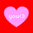 Four pink heart shapes on a red background, each containing white text reading 'you<3' in pixelated font.