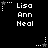 Pixelated black background with white text 'Lisa Ann Neal' repeated in three , each accompanied by a small star icon with dotted lines extending from it