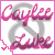 identical pixelated icons featuring 'Caylee Luke' text in pink script over a gray crossed-out symbol, with small green and purple accents