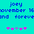Pixelated cyan background with blue text reading 'joey november 16 and forever' above pink and purple star-like symbols.