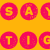 A contact sheet of 8 animated frames showing a yellow background with red circular text elements spelling out phrases like "SAY YOU" and "DANCE!" in a pixelated style.