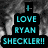 Black-and-white photo of a person with curly hair overlaid with cyan text reading "I LOVE RYAN CHECKLER!!" in stacked blocks.
