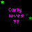 Pixelated text 'Carly loves ??' in pink with green stars on black background, stars animate in circular motion.